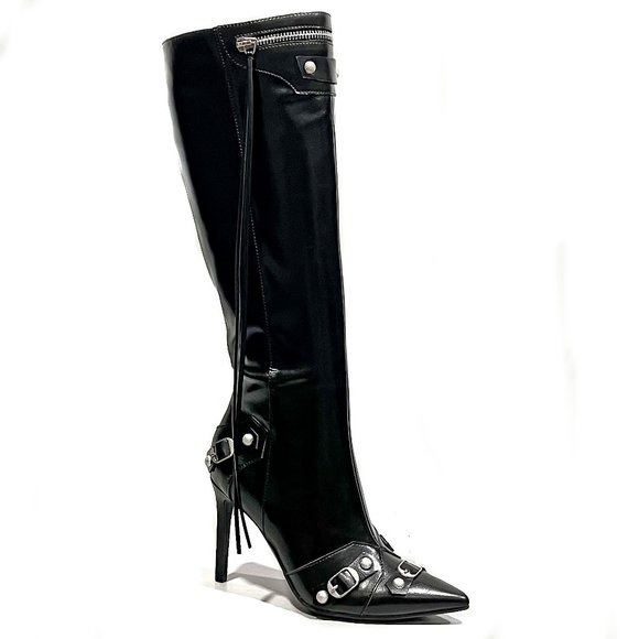 Shoes - New Black Silver Studded Pointed Toe Stiletto Heel Knee High Boots